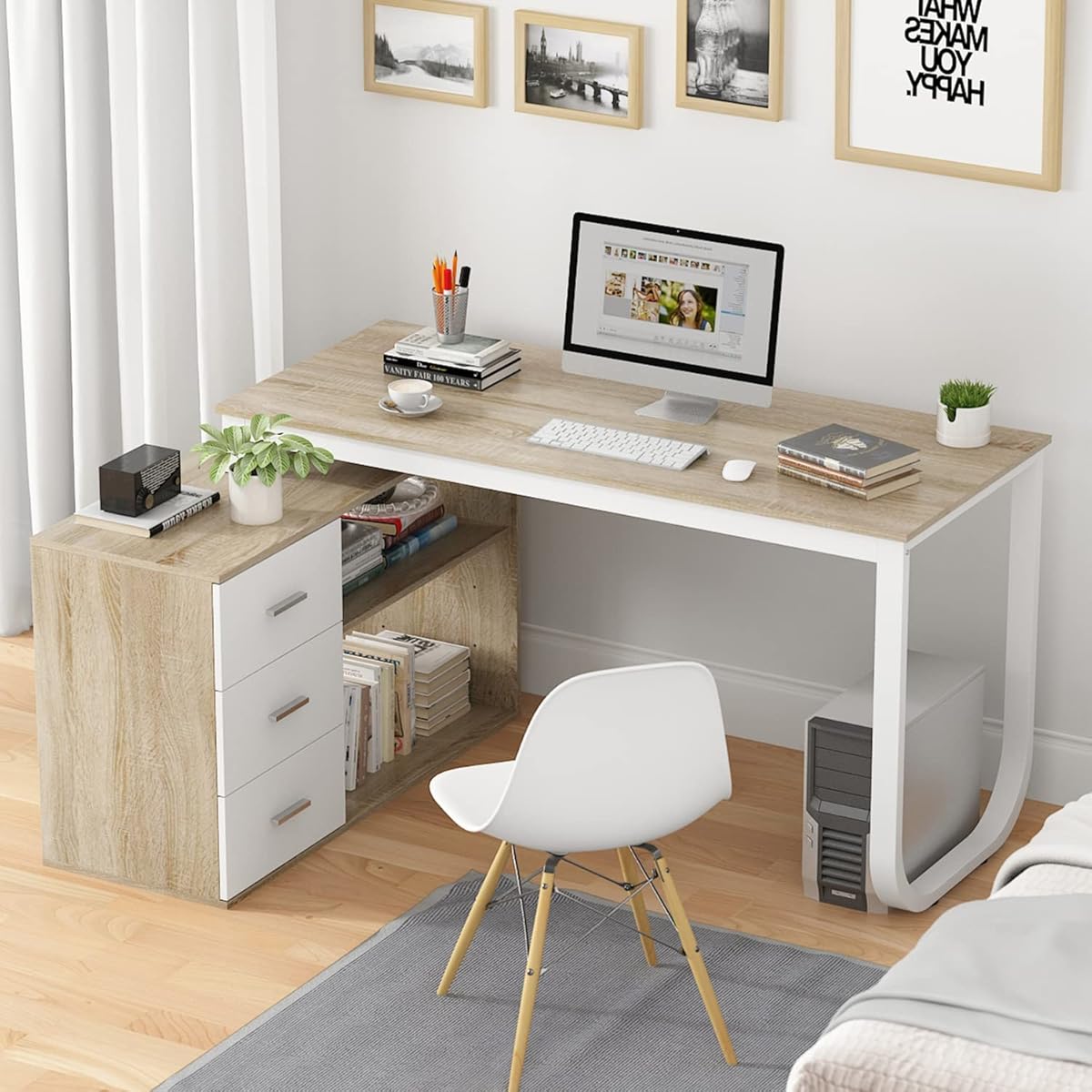 Home Office Computer Desk Corner Desk with 3 Drawers and 2 Shelves, 54 Inch Large L-Shaped Study Writing Table with Storage Cabinet - Walnut and White