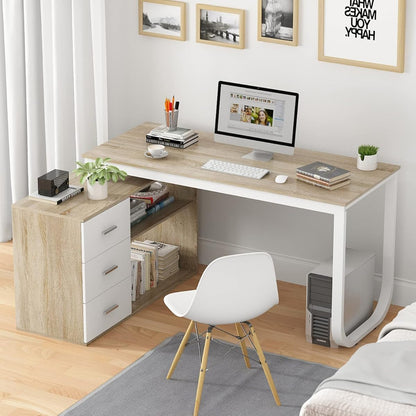Home Office Computer Desk Corner Desk with 3 Drawers and 2 Shelves, 54 Inch Large L-Shaped Study Writing Table with Storage Cabinet - Walnut and White