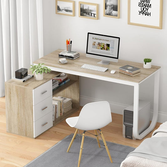 Home Office Computer Desk Corner Desk with 3 Drawers and 2 Shelves, 54 Inch Large L-Shaped Study Writing Table with Storage Cabinet - Walnut and White