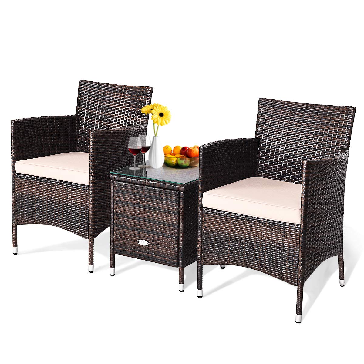 3 Piece Patio Set Wicker Rattan Furniture Set Outdoor Rattan Conversation Set with Coffee Table Chairs & Thick Cushions Bistro Sets for Patio Garden Lawn Backyard Pool