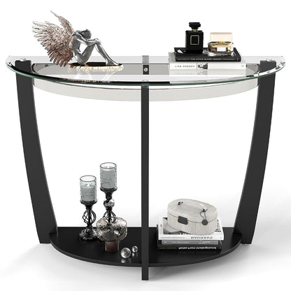 2-Tier Glass Console Table, Half Moon Modern Entryway Table with Tempered Glass Top & Open Storage Shelf, Narrow Long Sofa Table for Living Room, Hallway, Foyer, Entrance (Black)