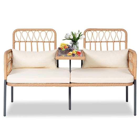 ROHIKER Outdoor Patio Loveseat Rattan Loveseat 2-Seat Furniture with Built-in Table, Lumbar Pillows and Cushions, All-Weather Small Patio Couch for Balcony, Lawn, Backyard