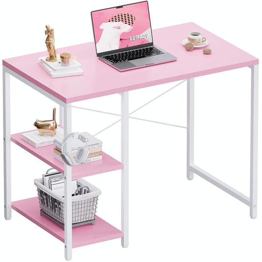 32 Inch Small Computer Desk with Shelves, Home Office Desk with Headphone Hook for Bedroom, Study Writing PC Table for Small Spaces, Pink