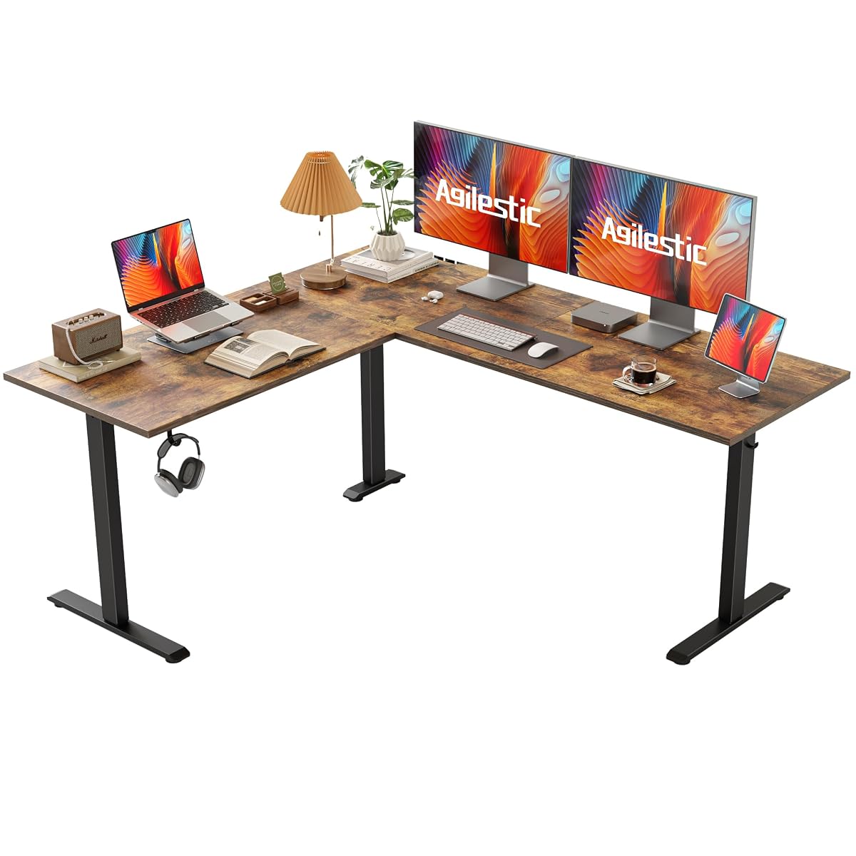 63 x 55 Inch L Shaped Electric Standing Desk, Rustic Brown