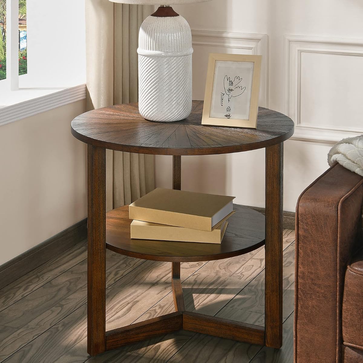 Large Round End Table with Storage Shelf, 25.2" Dia Rustic Beside Tables with Umbrella Top, Traditional Circular Sofa Side Table- Telephone Table for Living Room Easy Assembly, Vintage Brown CJZ3338NC