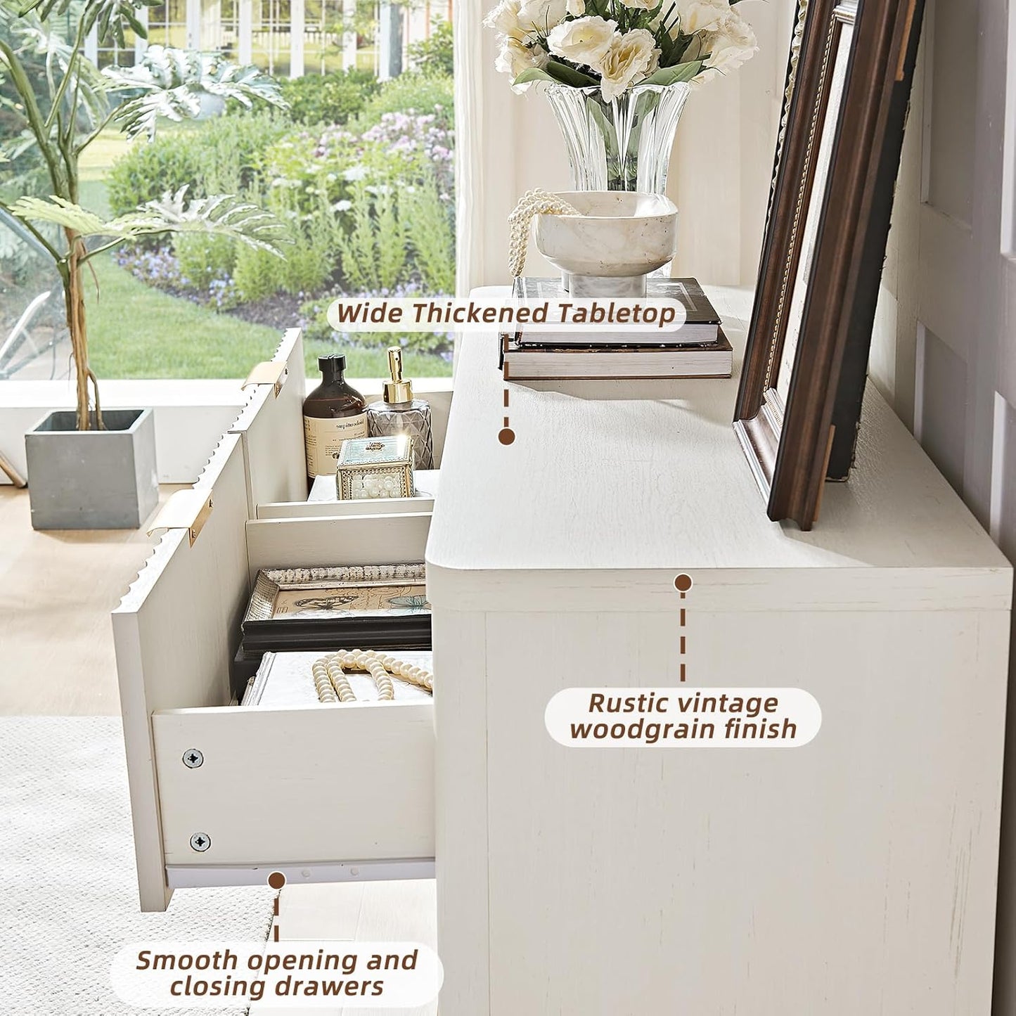 Fluted 6 Drawers Dresser, 48" Wide Modern Chest of Drawers with Wood Grain Top, Curved Profile Design, Dresser TV Stand, Wood Drawer Organizer for Bedroom, Living Room, Antique White