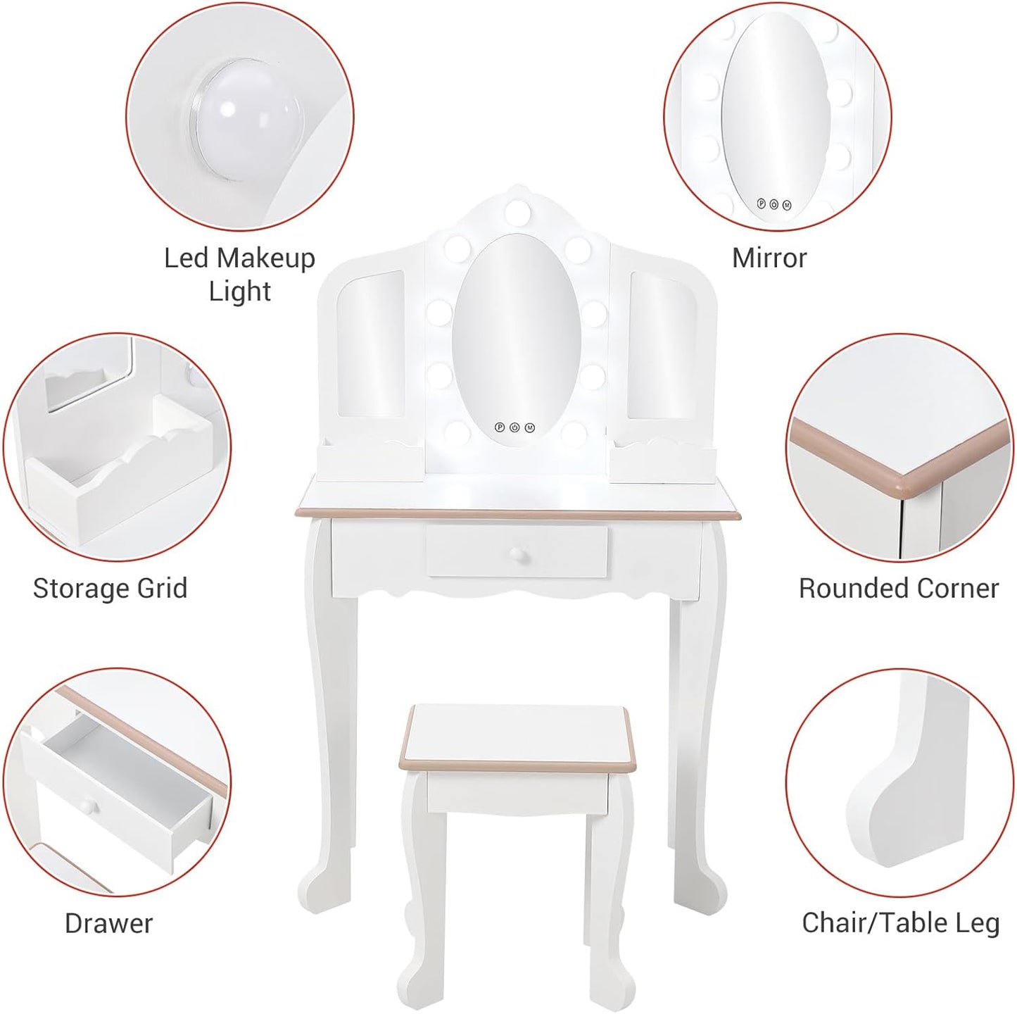 Kids Vanity Table and Chair Set with Light, Girls Vanity with Mirror, Drawer and Pretend Playset, Wooden Princess Makeup Desk Dressing Table, Toddler Vanity (Batteries Not Included)