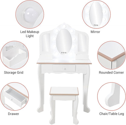Kids Vanity Table and Chair Set with Light, Girls Vanity with Mirror, Drawer and Pretend Playset, Wooden Princess Makeup Desk Dressing Table, Toddler Vanity (Batteries Not Included)