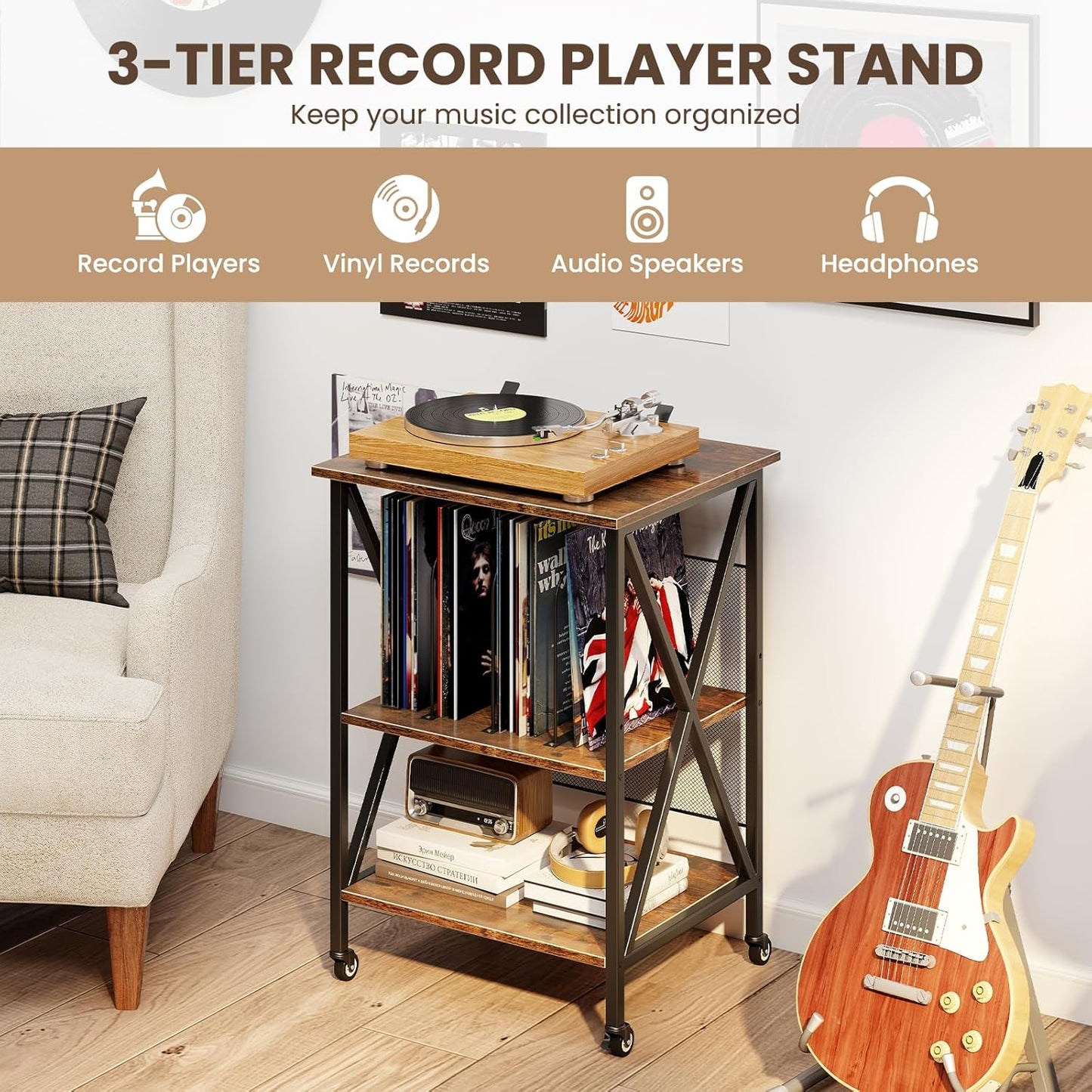 Record Player Stand with Charging Station, Turntable Stand with Record Storage & 4 Rolling Wheels, Vinyl Record Storage Table up to 250 Albums for Living Room, Bedroom (Dark Brown)