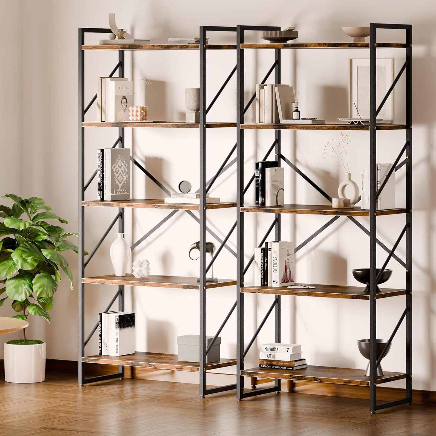 5 Tiers Bookshelf, Classically Tall Bookcase Shelf, Industrial Book Rack, Modern Book Holder in Bedroom/Living Room/Home/Office, Storage Rack Shelves for Books/Movies-Rustic Brown