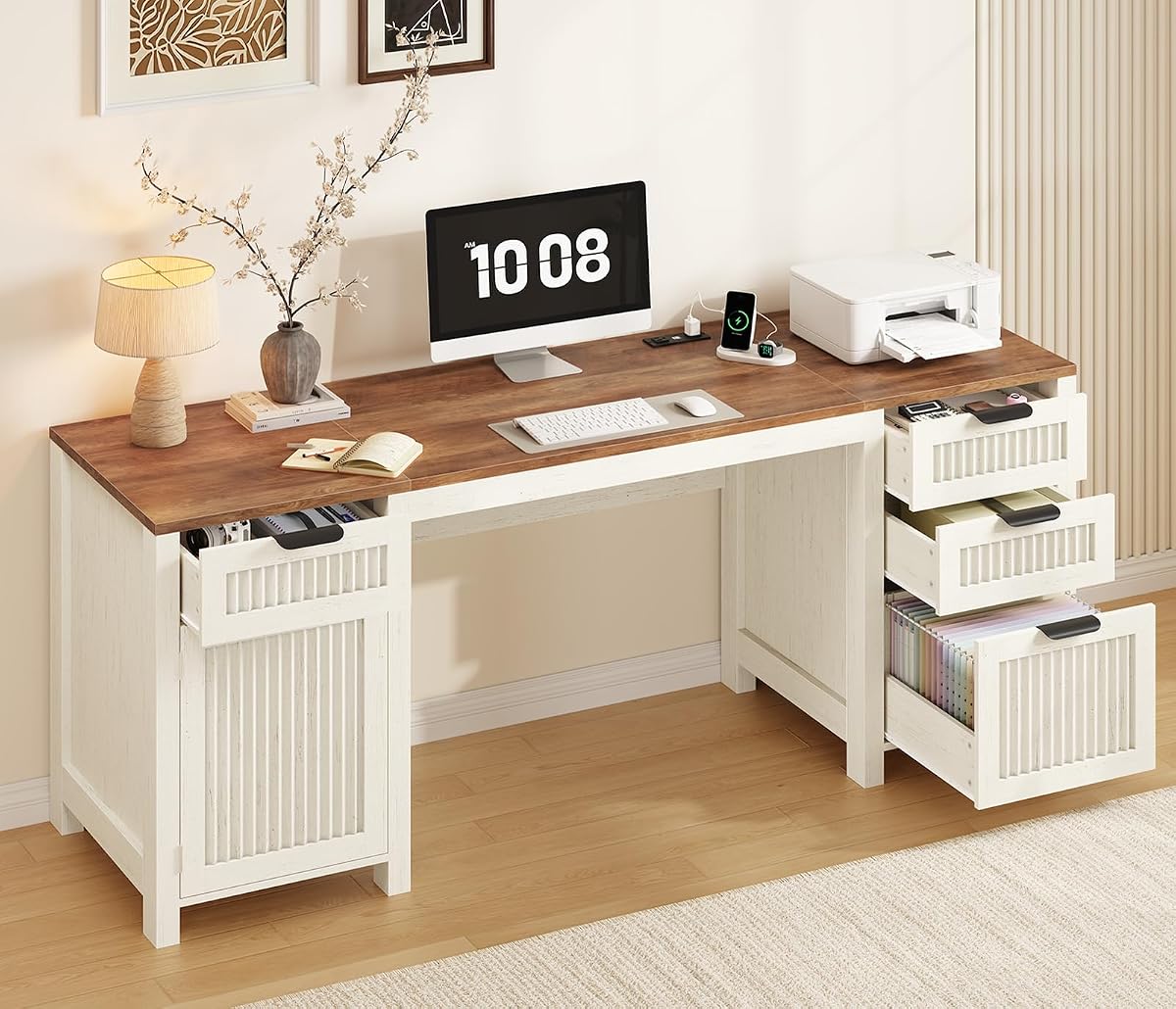 62" Farmhouse Computer Desk with Drawers & Storage Cabinet for Home Office