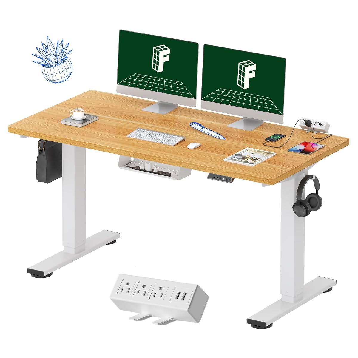 FLEXISPOT EN2 55"x28" Whole-Piece Standing Desk with Power Strip, Maple