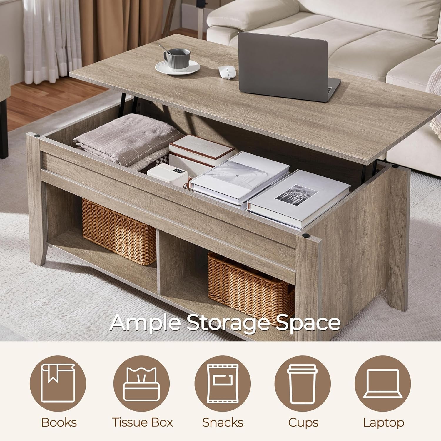 Lift Top Coffee Table, Coffee Table with Hidden Storage Compartment & Lower Shelf, 39.5In Center Table for Living Room, Office, Grey
