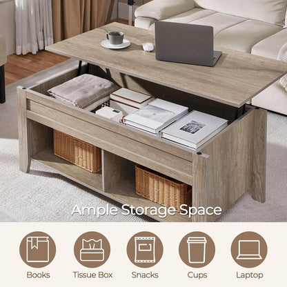 Lift Top Coffee Table, Coffee Table with Hidden Storage Compartment & Lower Shelf, 39.5In Center Table for Living Room, Office, Grey