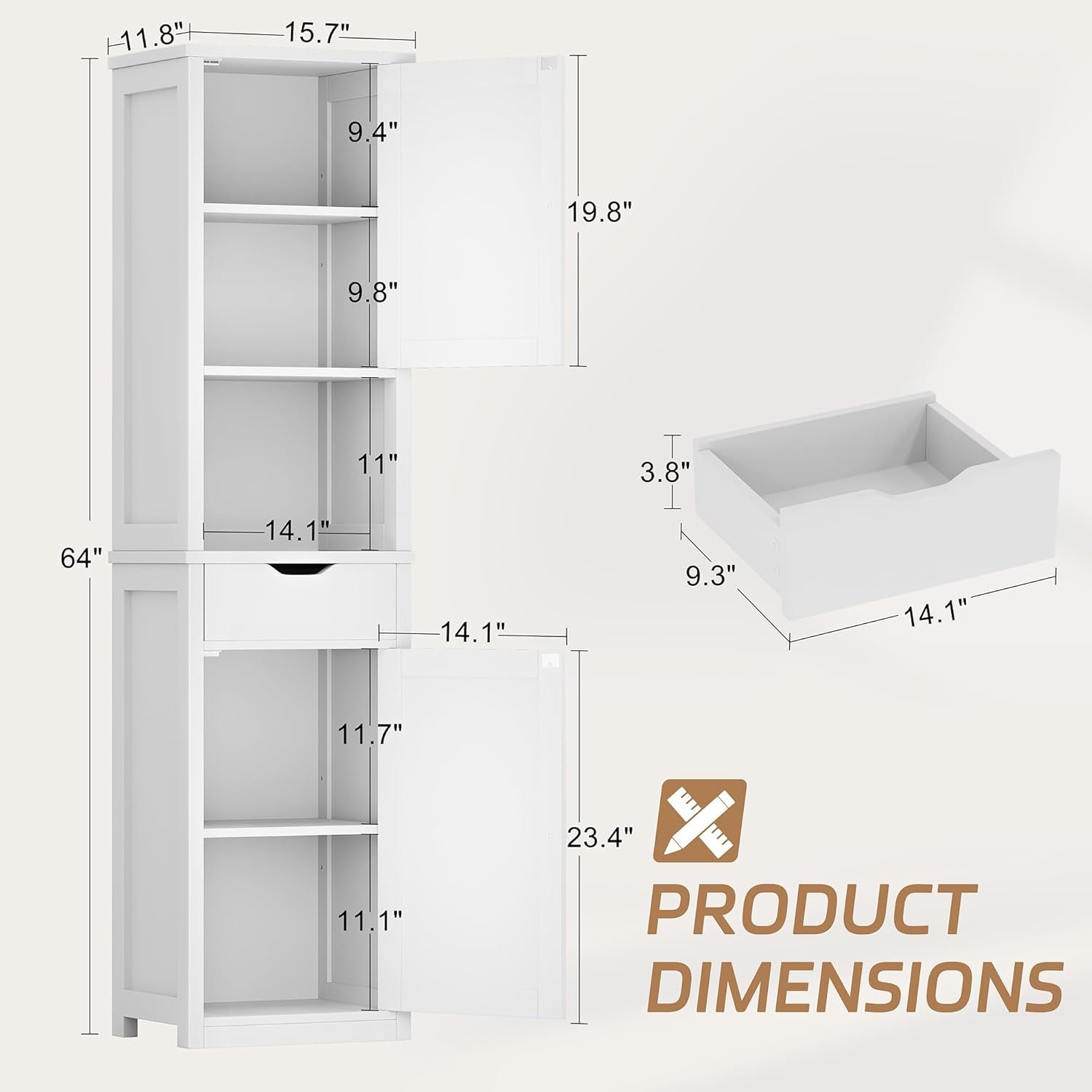 Tall Bathroom Storage Cabinet, Slim Corner Floor Cabinet with Doors and Drawer, Freestanding Narrow Bathroom Organizer with Adjustable Shelves for Small Space, White