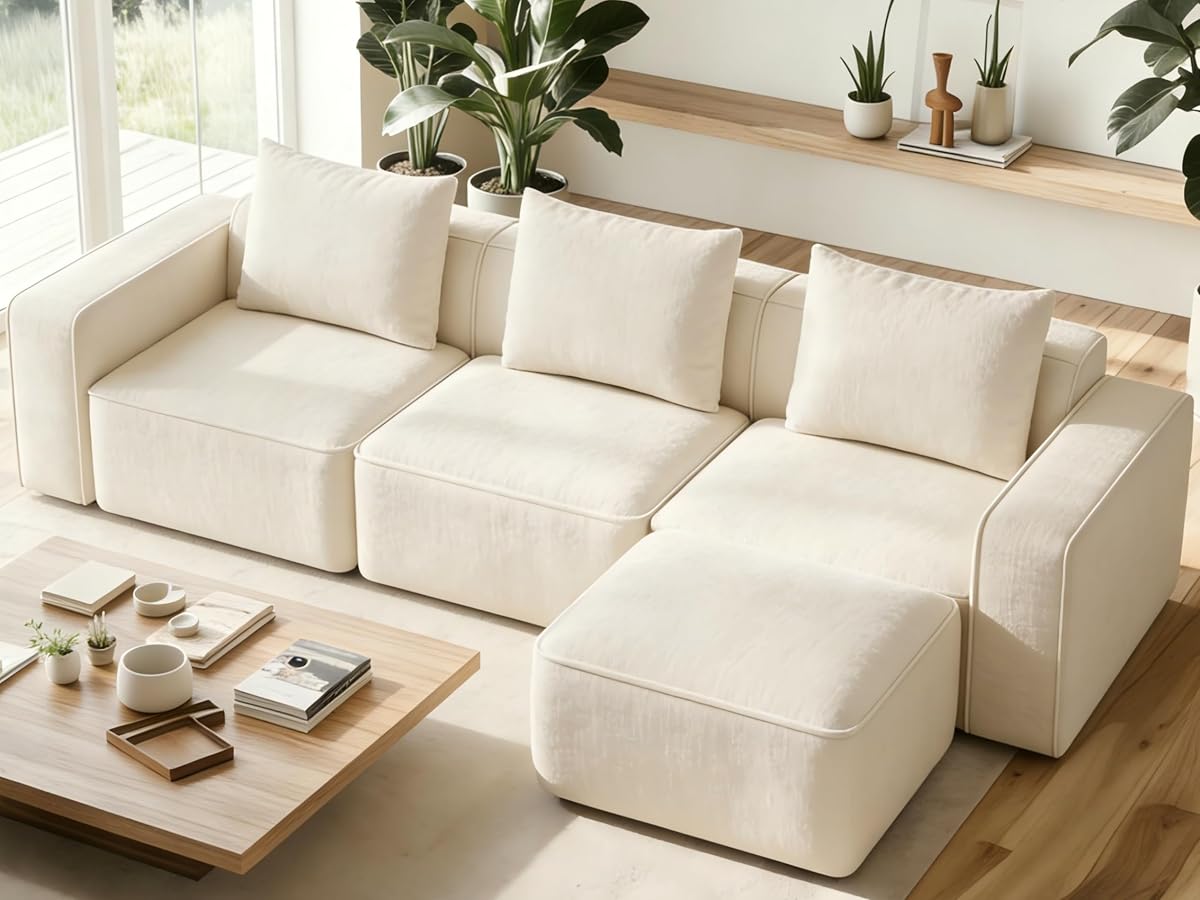 103" Modular Sectional Sofa, Minimalist Comfy Cloud Couch Sectional, Tool-Free Setup Couches for Living Room, Wood Frame l Shaped Couch with Ottoman, 22" Deep Seat Chenille Cloud Sofa
