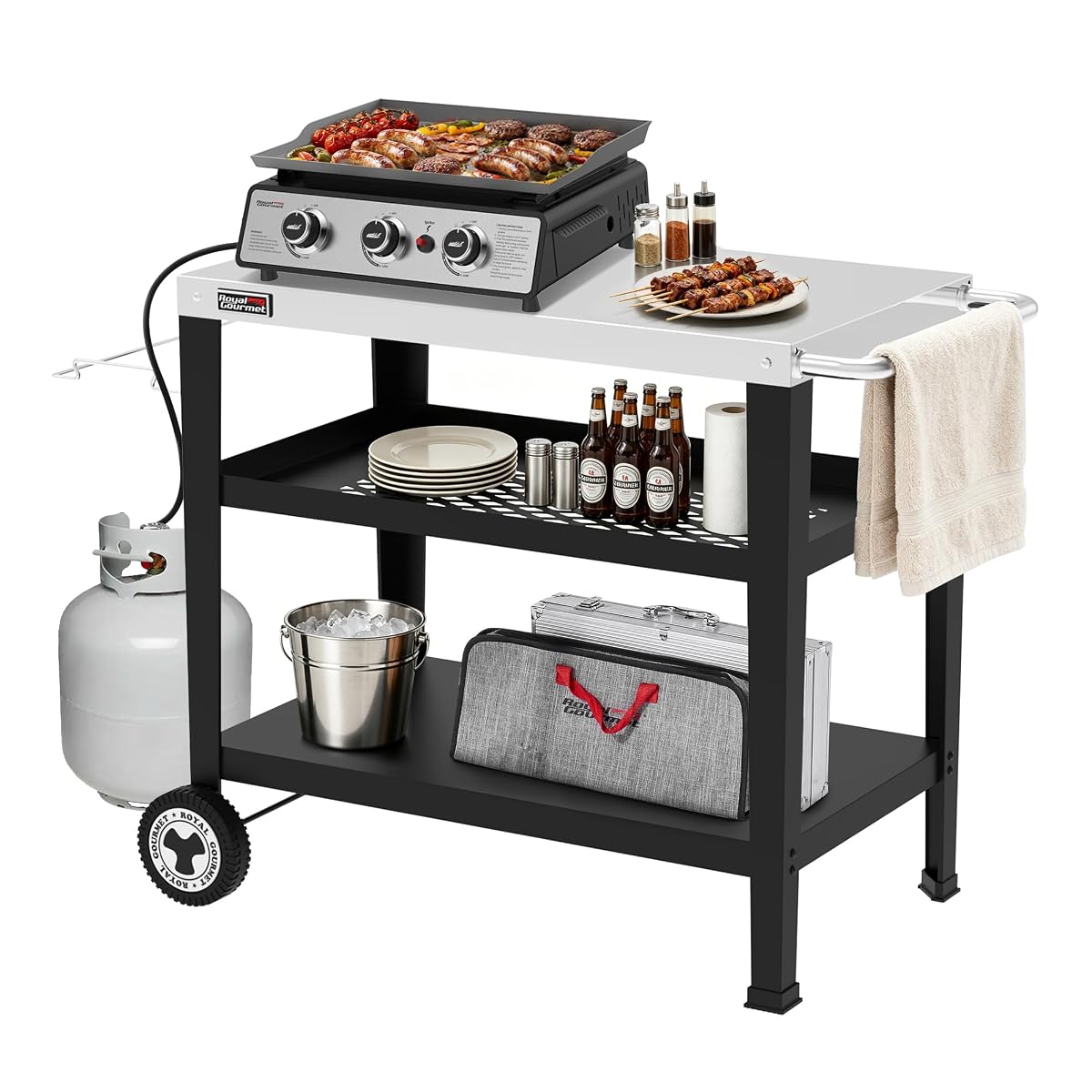 PC3404S Rolling Dining Table with Trash Bag Holder, Outdoor Garden Patio BBQ Kitchen Food Prep Table Cart, 34"L x 20"W Stainless Steel Tabletop, Silver & Black