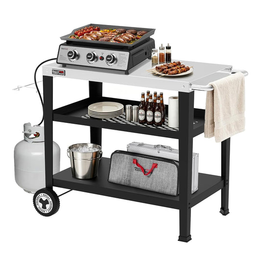 PC3404S Rolling Dining Table with Trash Bag Holder, Outdoor Garden Patio BBQ Kitchen Food Prep Table Cart, 34"L x 20"W Stainless Steel Tabletop, Silver & Black