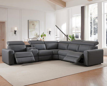 Power Recliner Sectional Sofa with Storage/USB Port, Leather Recliner Sofa with Adjustable Headrest, Reclining Sectional Couches with Console and Cup Holder for Living Room (Gray, 5-Seater)