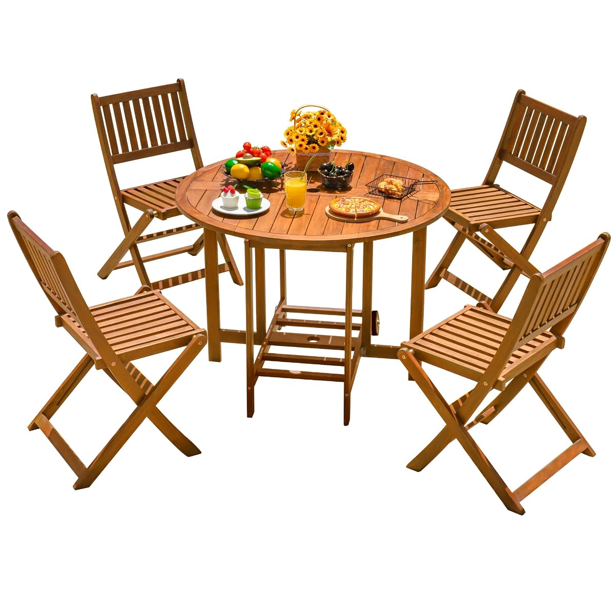 5 PCS Patio Furniture, Patio Dining Set Acacia Wood Outdoor Table and Chairs, with 4 Folding Chairs and 37" Round Movable Table, Outdoor Dining Set for Lawn, Balcony, Garden (Light Brown)