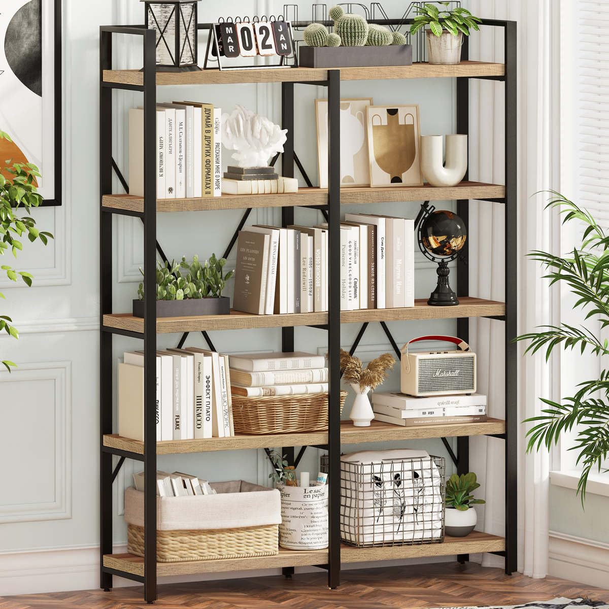 Bookshelf, 5 Tier Industrial, Tall Etagere Bookcase, Rustic Wood and Metal Book Shelf with Large Open Shelving Unit for Home Office Living Room (Rustic Oak, 51 Inch Wide)