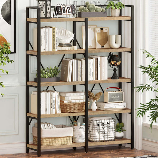 Bookshelf, 5 Tier Industrial, Tall Etagere Bookcase, Rustic Wood and Metal Book Shelf with Large Open Shelving Unit for Home Office Living Room (Rustic Oak, 51 Inch Wide)