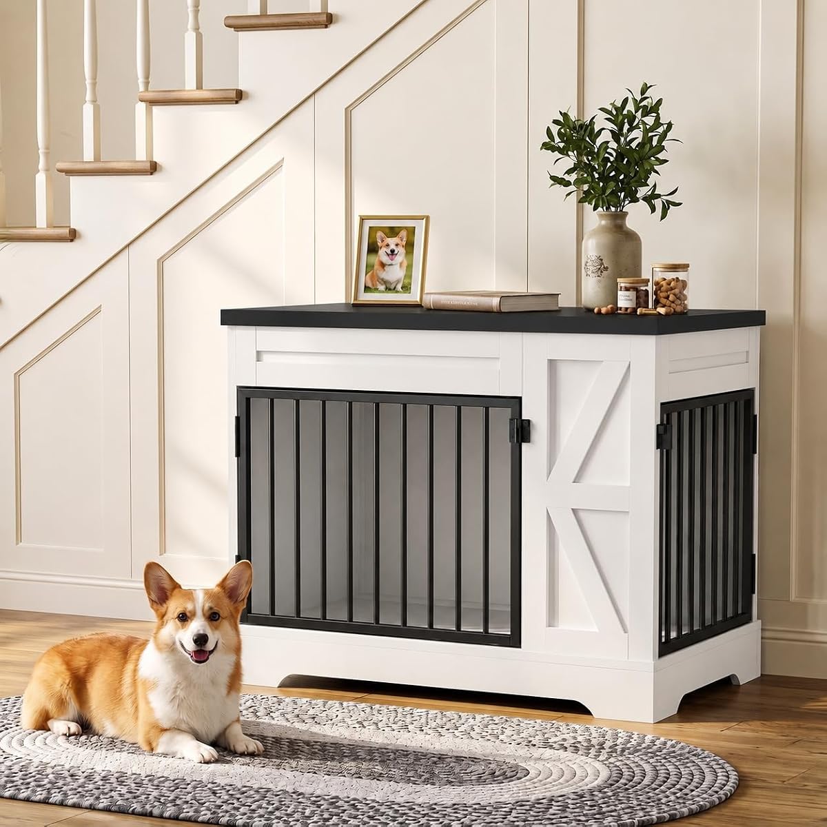 Small Dog Crate Furniture End Table, Indoor Dog Kennel, Double Door Design