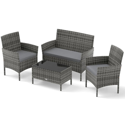 4-Piece Patio Furniture Set - Rattan Outdoor Conversation Bistro Set w/Cushions, Glass Coffee Table, Wicker Chairs & Loveseat for Garden Backyard Porch, Balcony Furniture Set (1, Mix Grey)