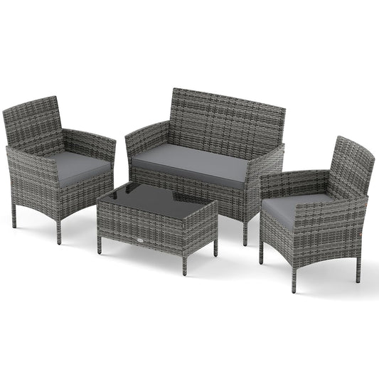 4-Piece Patio Furniture Set - Rattan Outdoor Conversation Bistro Set w/Cushions, Glass Coffee Table, Wicker Chairs & Loveseat for Garden Backyard Porch, Balcony Furniture Set (1, Mix Grey)