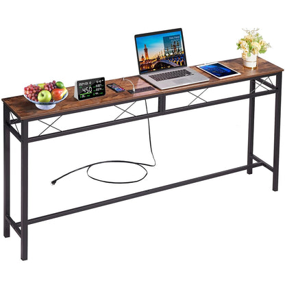 71In Extra Long Narrow Sofa/Console Table with Charging Station & Power Outlet and USB Ports, for Entryway, Living Room, Office, Industrial, Rustic Brown