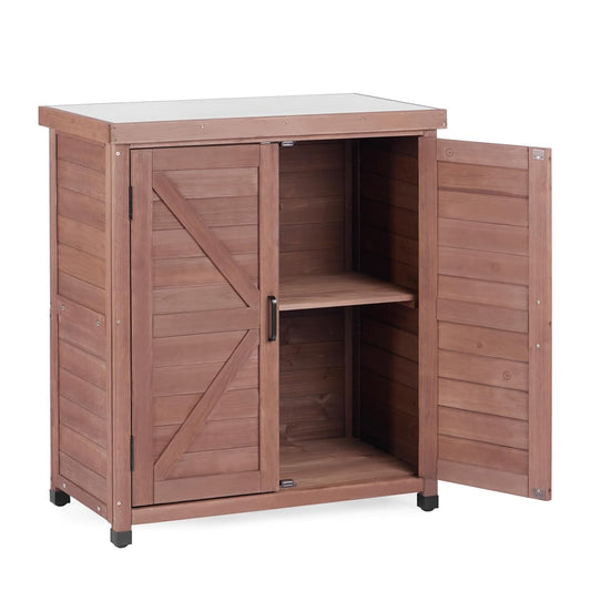 Outdoor Storage Cabinet with Metal Tabletop, Cedar Wood Garden Workstation | Metal Work Surface，Ample Storage Capacity，Natural Wood Construction，Garden Tool Organization，Patio & Garden Furniture