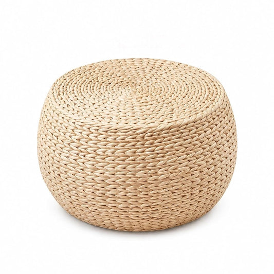 Small Straw Round Pouf Ottoman, Natural Mini Solid Wood Footrest, Boho Low Tatami Footstool for Living Room Bedroom Patio, 12.2"×12.2"×8.7", Ideal for Foot Rest
