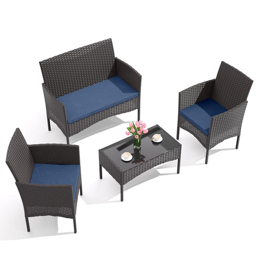 4-Piece Outdoor Patio Furniture Set, Wicker Rattan Chairs & Sofa with Cushions and Glass Coffee Table, Conversation Set for Backyard, Lawn, Porch, Pool, Garden (Navy-2)