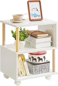 White S shaped three tier nightstand with wheels, view 2