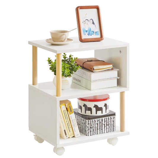 White S shaped three tier nightstand with wheels