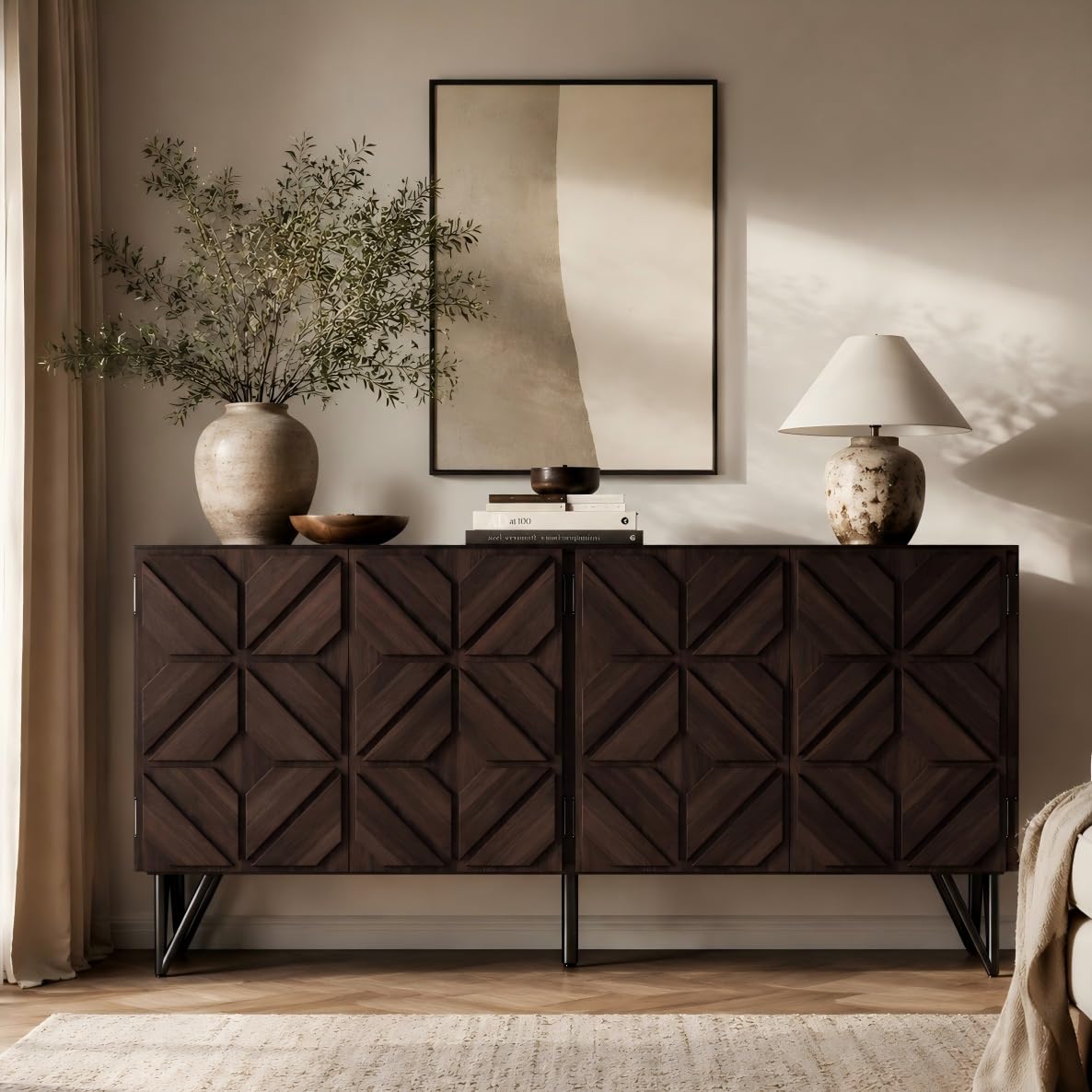 63" Solid Wood Buffet Cabinet with Geometric Doors, Dark Walnut