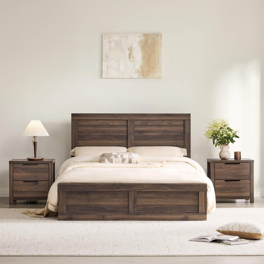 3 Pieces Bedroom Set, Wood Bed Frame with Upholstered Headboard & 2 Nightstands with Storage, Wooden Platform Mattress Foundation Farmhouse Bedroom Furniture Set