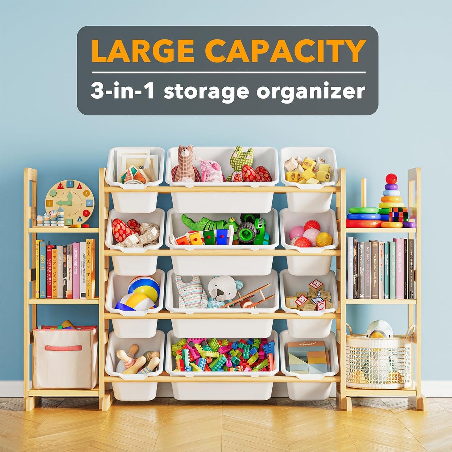 Toy Storage Organizer with 6 Shelves and 12 Bins, Bookshelf/Bookcase, Kids Bin Shelf, Toys Box for Playroom Organization for Bedroom & Room Decor, White, 52.3" W