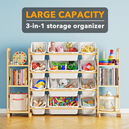 Toy Storage Organizer with 6 Shelves and 12 Bins, Bookshelf/Bookcase, Kids Bin Shelf, Toys Box for Playroom Organization for Bedroom & Room Decor, White, 52.3" W