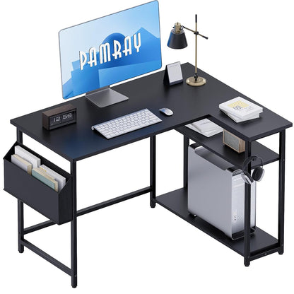 40 Inch L Shaped Computer Desk with Reversible Side Storage Shelves