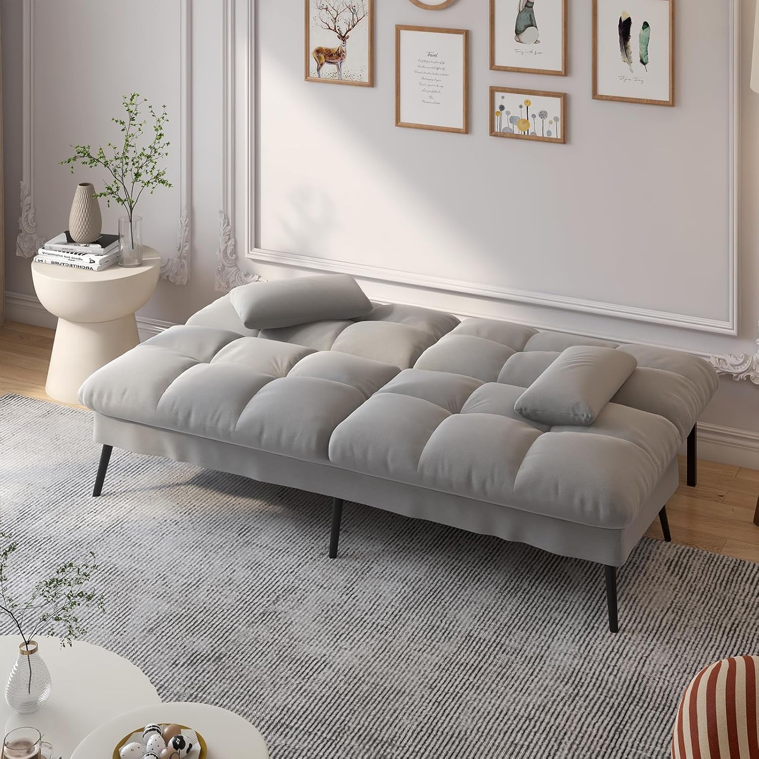 Convertible Futon Sofa Bed, 72″Fabric Futons Couch with Adjustable Backrest, Folding Sleeper Recliner for Living Room Furniture (Grey)