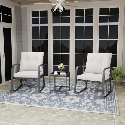 Bistro 3 Piece Patio Furniture Set, Patio Table and Rattan Outdoor Rocking Chairs Set of 2, Outdoor Bistro Conversation Set for, Garden, Balcony, Poolside, Backyard, Beige