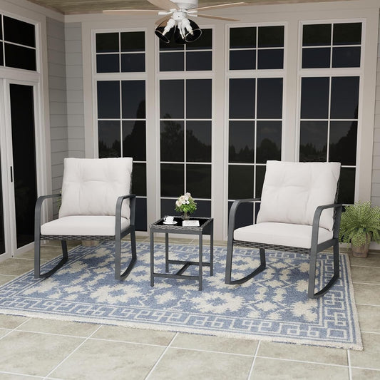 Bistro 3 Piece Patio Furniture Set, Patio Table and Rattan Outdoor Rocking Chairs Set of 2, Outdoor Bistro Conversation Set for, Garden, Balcony, Poolside, Backyard, Beige