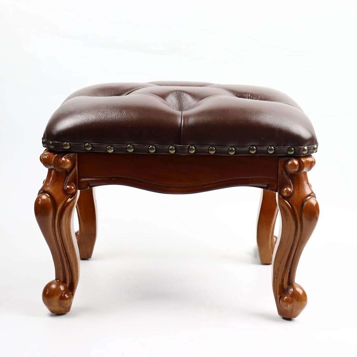 Leather Foot Stool Small,Vintage Ottoman Leather Foot Rest,Wooden Footrest,Upholstered Footstool for Couch/Living Room/Sofa,Cherry (12.6)