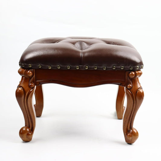 Leather Foot Stool Small,Vintage Ottoman Leather Foot Rest,Wooden Footrest,Upholstered Footstool for Couch/Living Room/Sofa,Cherry (12.6)