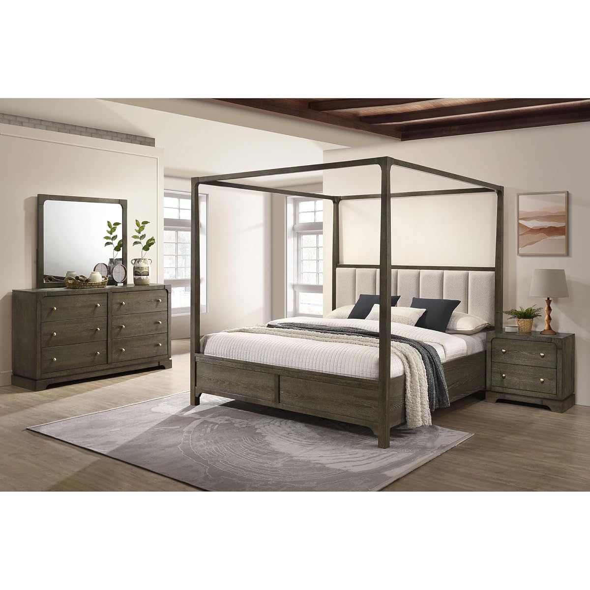Queen Bedroom Set, 4 Piece Bedroom Set, Dark Rubberwood and Ash Veneer Set, Upholstered Queen Bed with Extra High Beige Headboard, Nightstand, Dresser, Mirror