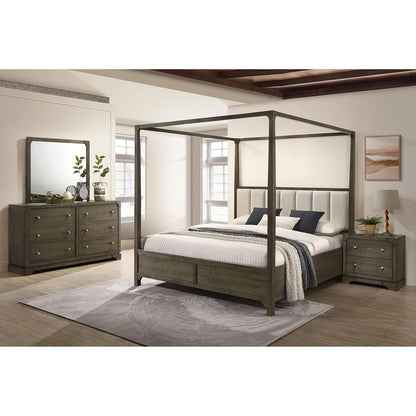 Queen Bedroom Set, 4 Piece Bedroom Set, Dark Rubberwood and Ash Veneer Set, Upholstered Queen Bed with Extra High Beige Headboard, Nightstand, Dresser, Mirror