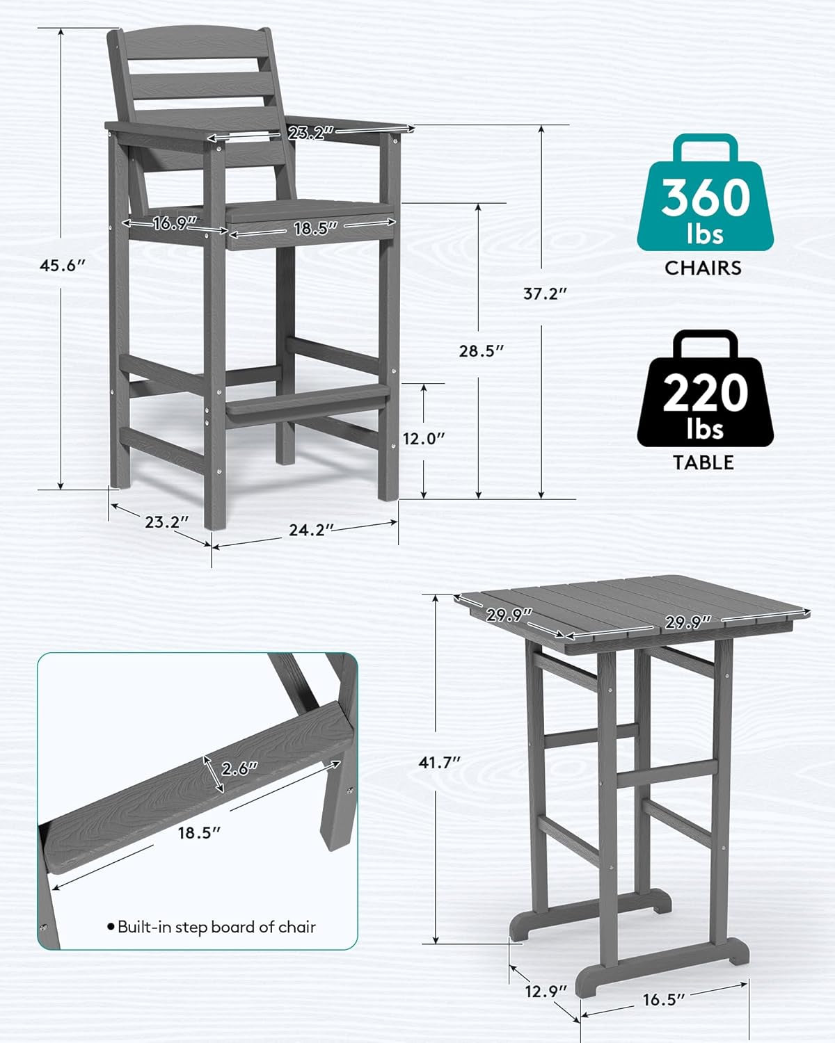 Balcony Adirondack Chairs and Table 3 Pieces Set, Adirondack Bar Height Chairs Set of 2 and Bar Table, Outdoor Bar Stools Set, Gray