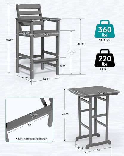 Balcony Adirondack Chairs and Table 3 Pieces Set, Adirondack Bar Height Chairs Set of 2 and Bar Table, Outdoor Bar Stools Set, Gray