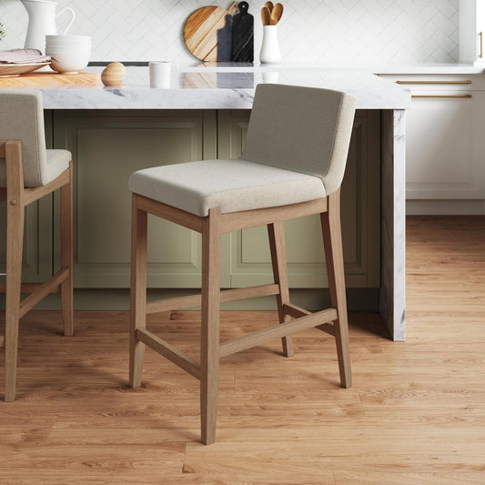 Gracie Modern Counter Height Bar Stool with Back, Counter Stool Upholstered Chair with Natural Flax White Fabric and Brushed Light Brown Wooden Legs, Natural Flax/Brown
